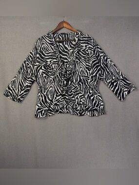 Vintage Notations Sheer Black and White Zebra Ruffle V-Neck Blouse, Tie Front, L